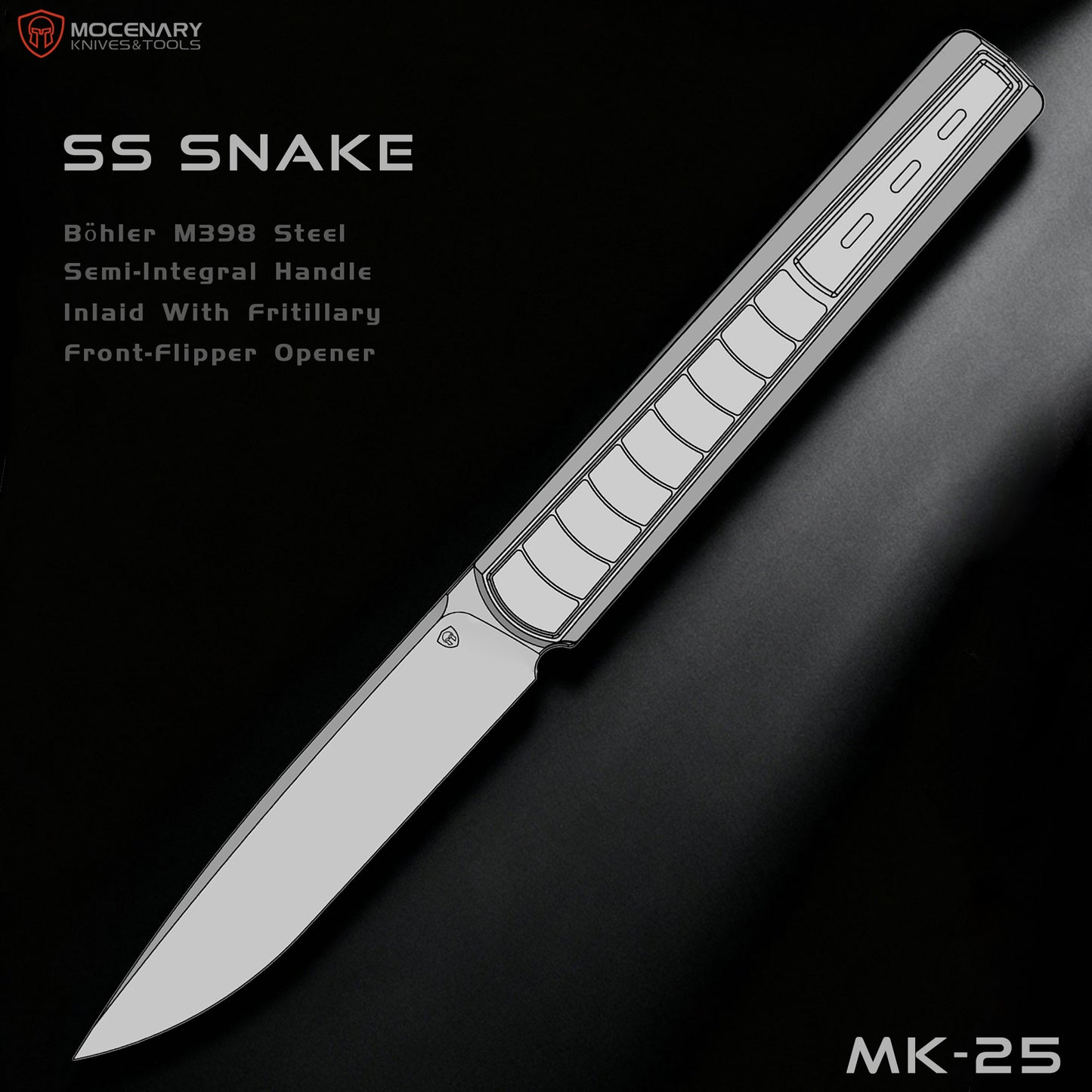 “SS Snake” MK-25 Böhler M398 Steel Semi-Integral Handle Inlaid With Fritillary Front-Flipper Opener Limited Edition In 2025 Delivery December 2025