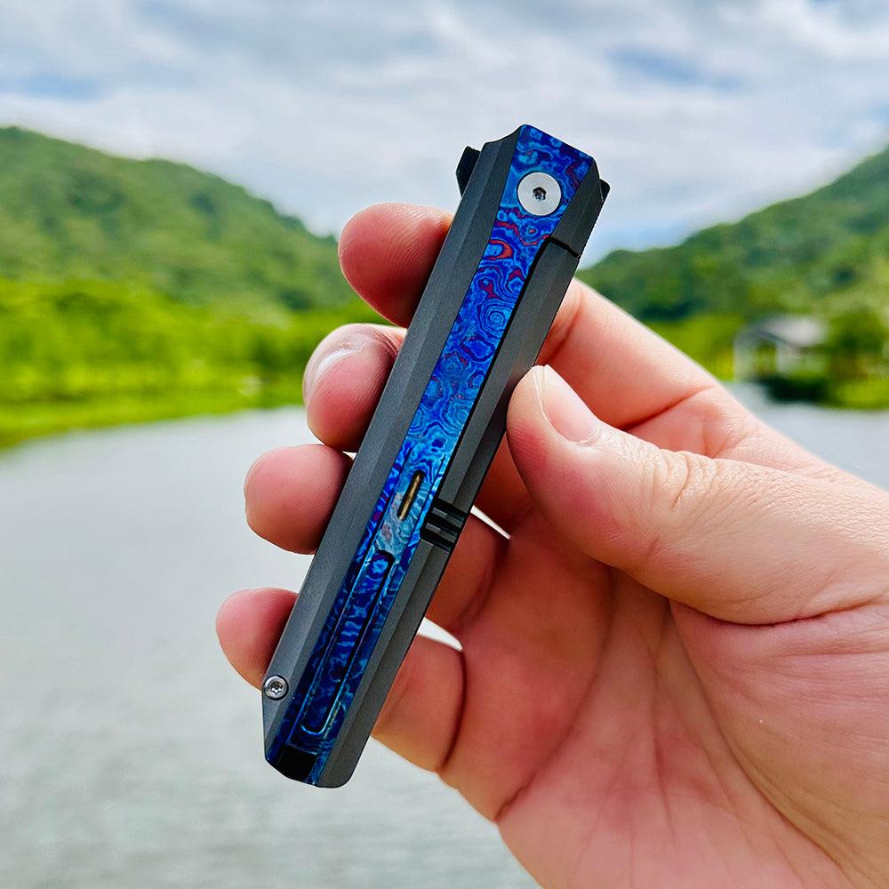 MK-15E Nichols Stainless Steel Damascus Galaxy Pattern Blade Half Sided Titanium Alloy+Titanium Damascus Patch Handle (Numbers are only 7 and 8)