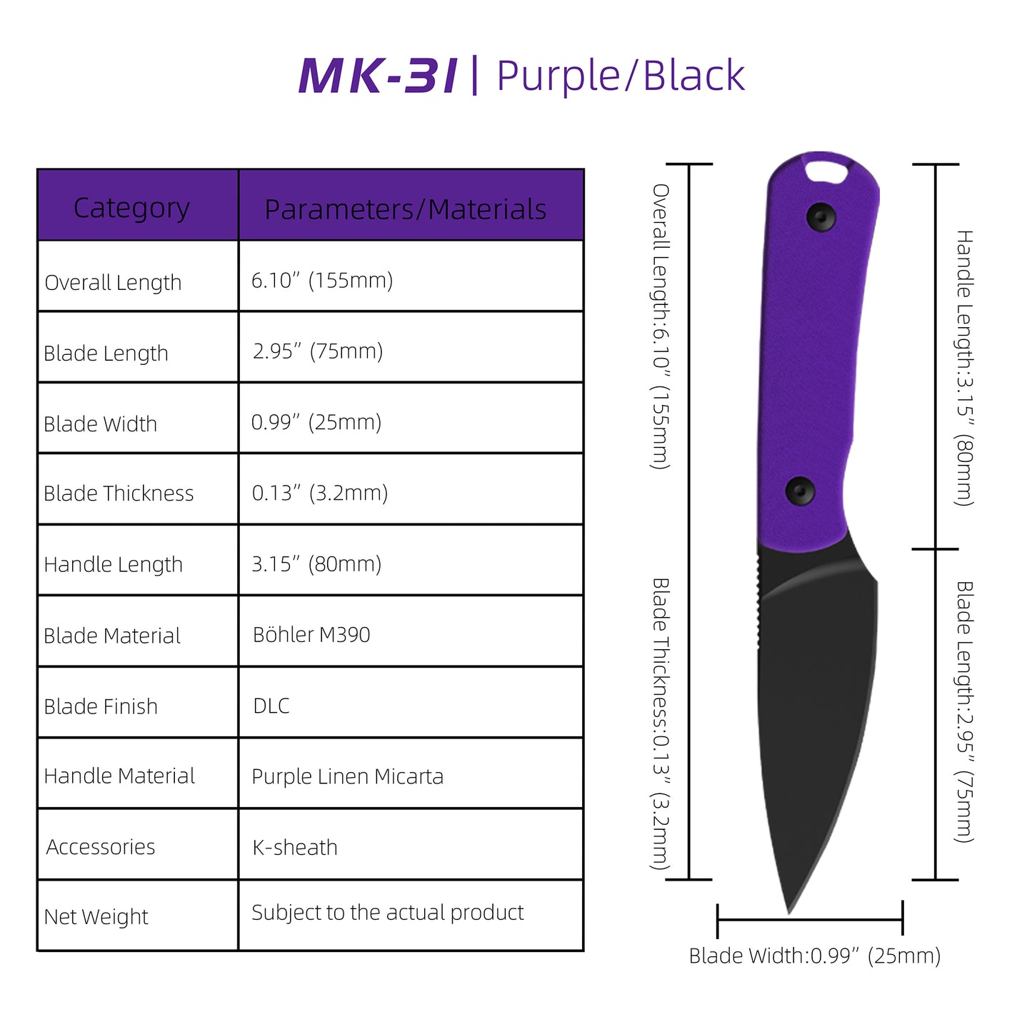 MK-31 Original M390 Fixed Blade Knife - Mini EDC Outdoor Utility Knife (Ships in 2 Months)