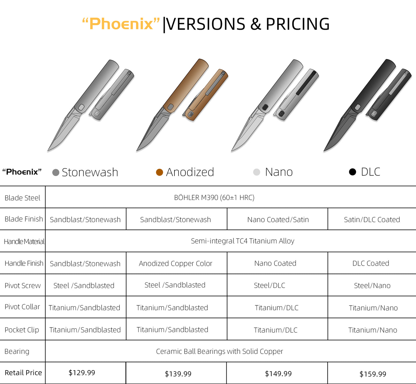 "Phoenix" (MK-27): M390 Step Grind, Semi-Integral Ti, Front Flipper, Tiguass Design | Ships in 6 Months