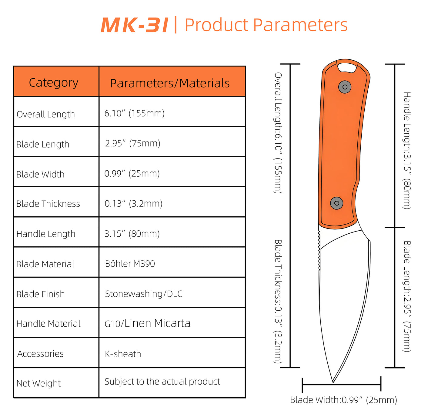 MK-31 Original M390 Fixed Blade Knife - Mini EDC Outdoor Utility Knife (Ships in 2 Months)
