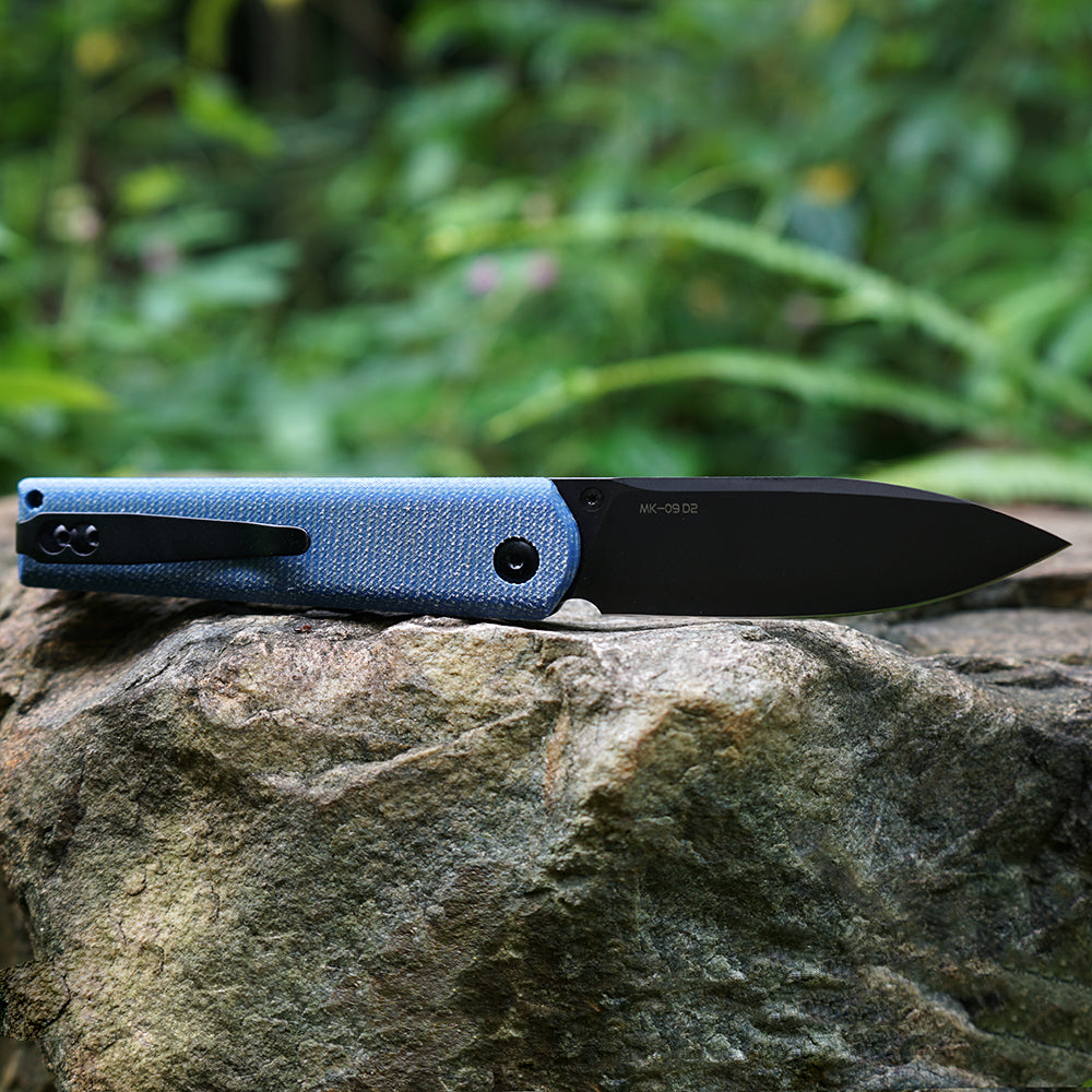 MK-09 D2(JS) Folding Pocket Knife EDC High Hardness Front Flipper DLC Blue Linen
