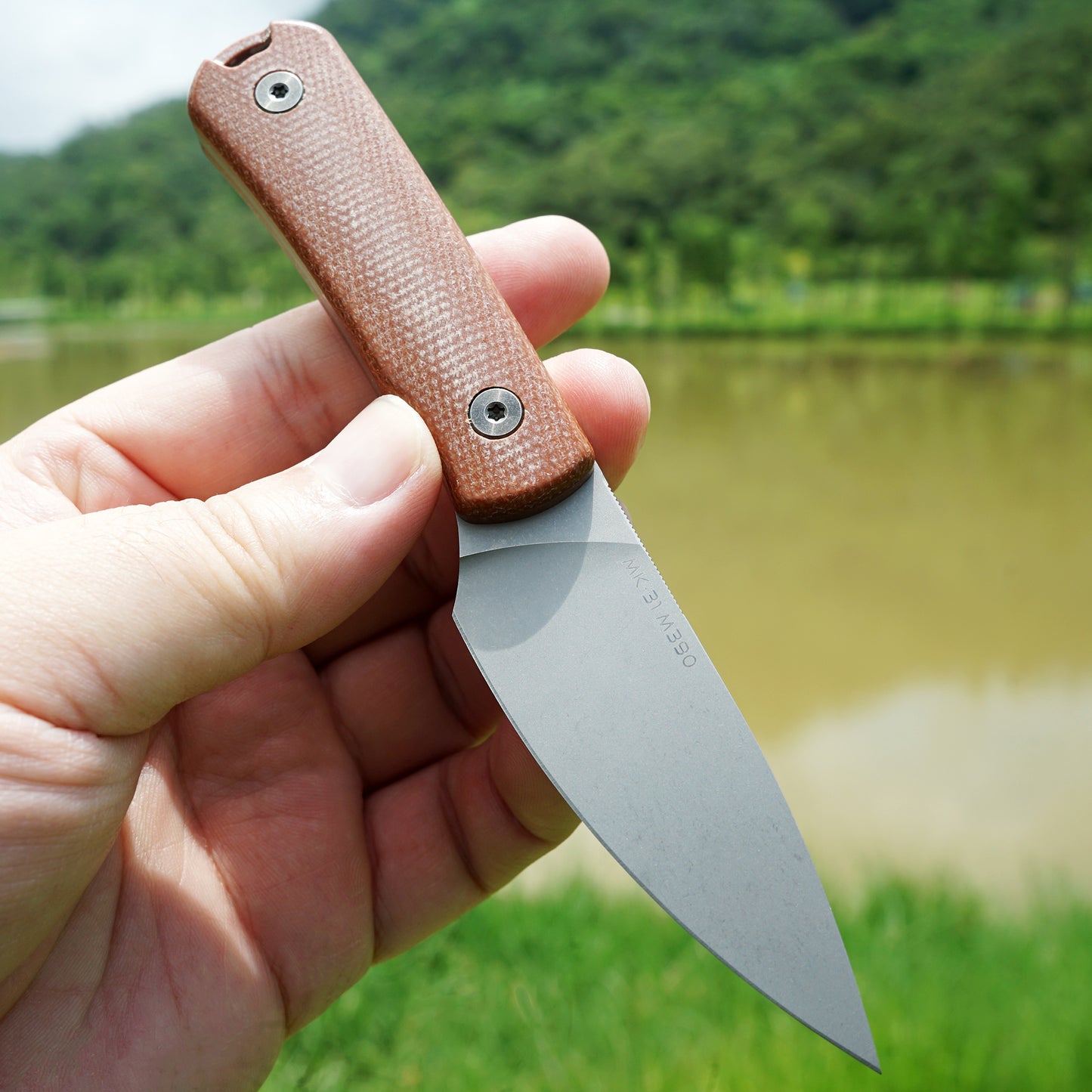 Mocenary MK-31 M390 Blade Small Fixed Blade Knife Brown Linen Handle Kydex Sheath