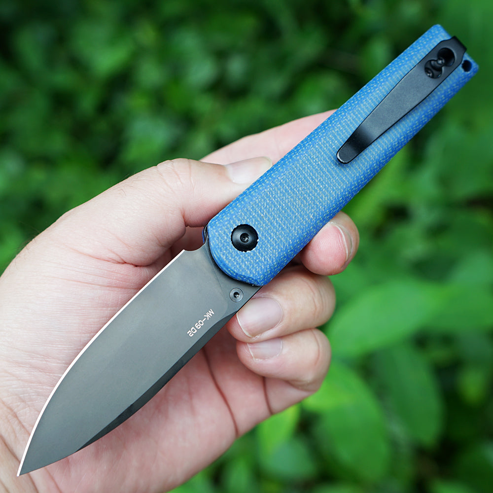 MK-09 D2(JS) Folding Pocket Knife EDC High Hardness Front Flipper DLC Blue Linen