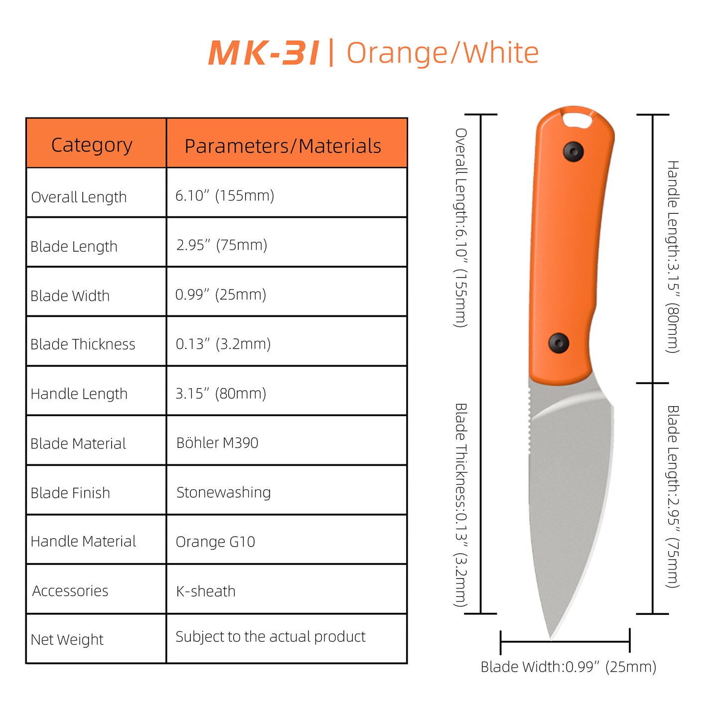 MK-31 Original M390 Fixed Blade Knife - Mini EDC Outdoor Utility Knife (Ships in 2 Months)