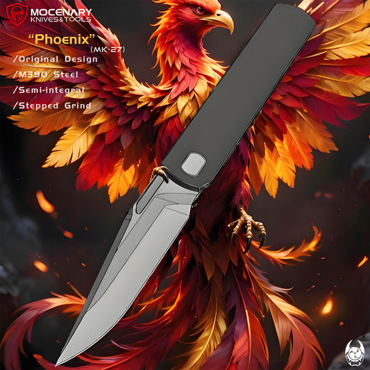 "Phoenix" (MK-27): M390 Step Grind, Semi-Integral Ti, Front Flipper, Tiguass Design | Ships in 6 Months