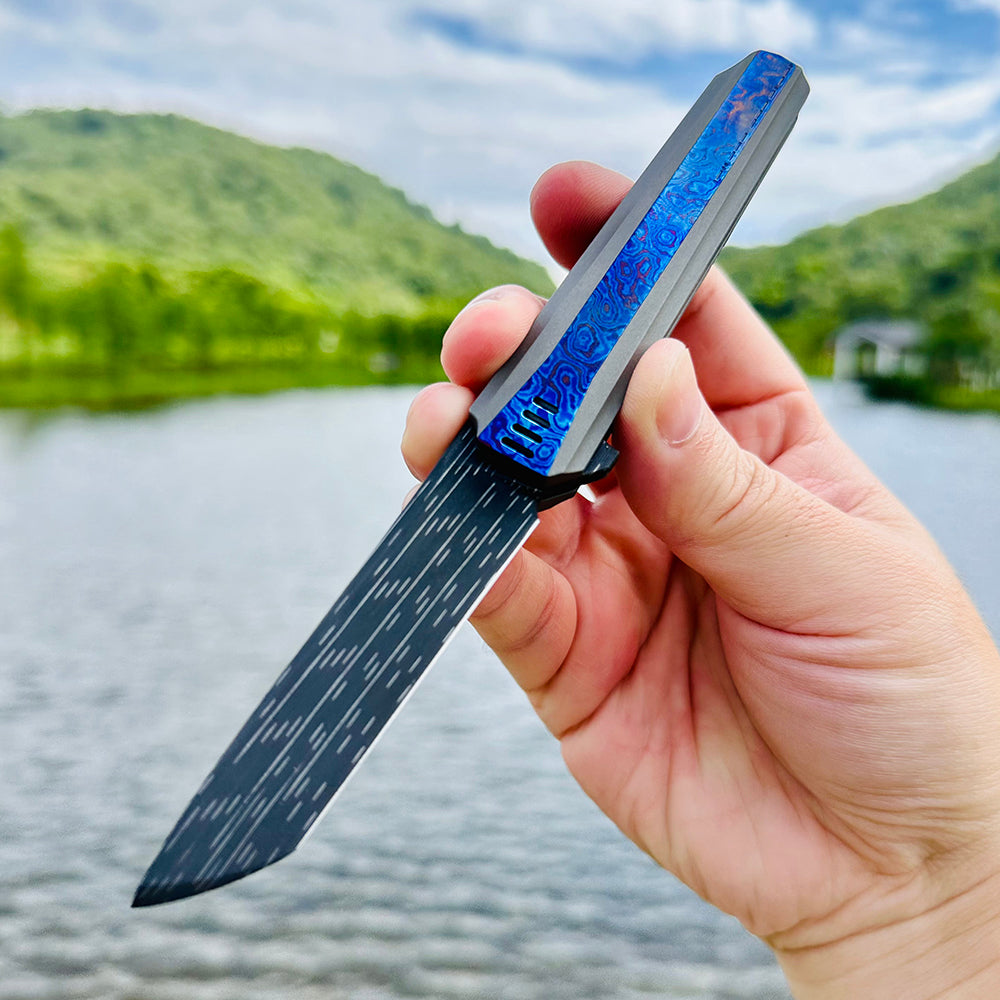 MK-15E Nichols Stainless Steel Damascus Galaxy Pattern Blade Half Sided Titanium Alloy+Titanium Damascus Patch Handle (Numbers are only 7 and 8)