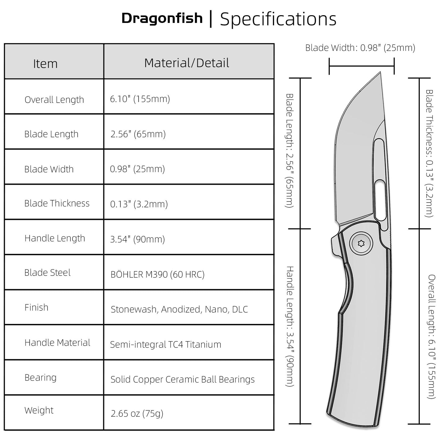 Dragonfish MK-06 Upgraded – Böhler M390 Blade, Semi-Integral Titanium Handle, Multiple Deployment Options, New Nano Coating, Refined Details,Ships in 180 Days