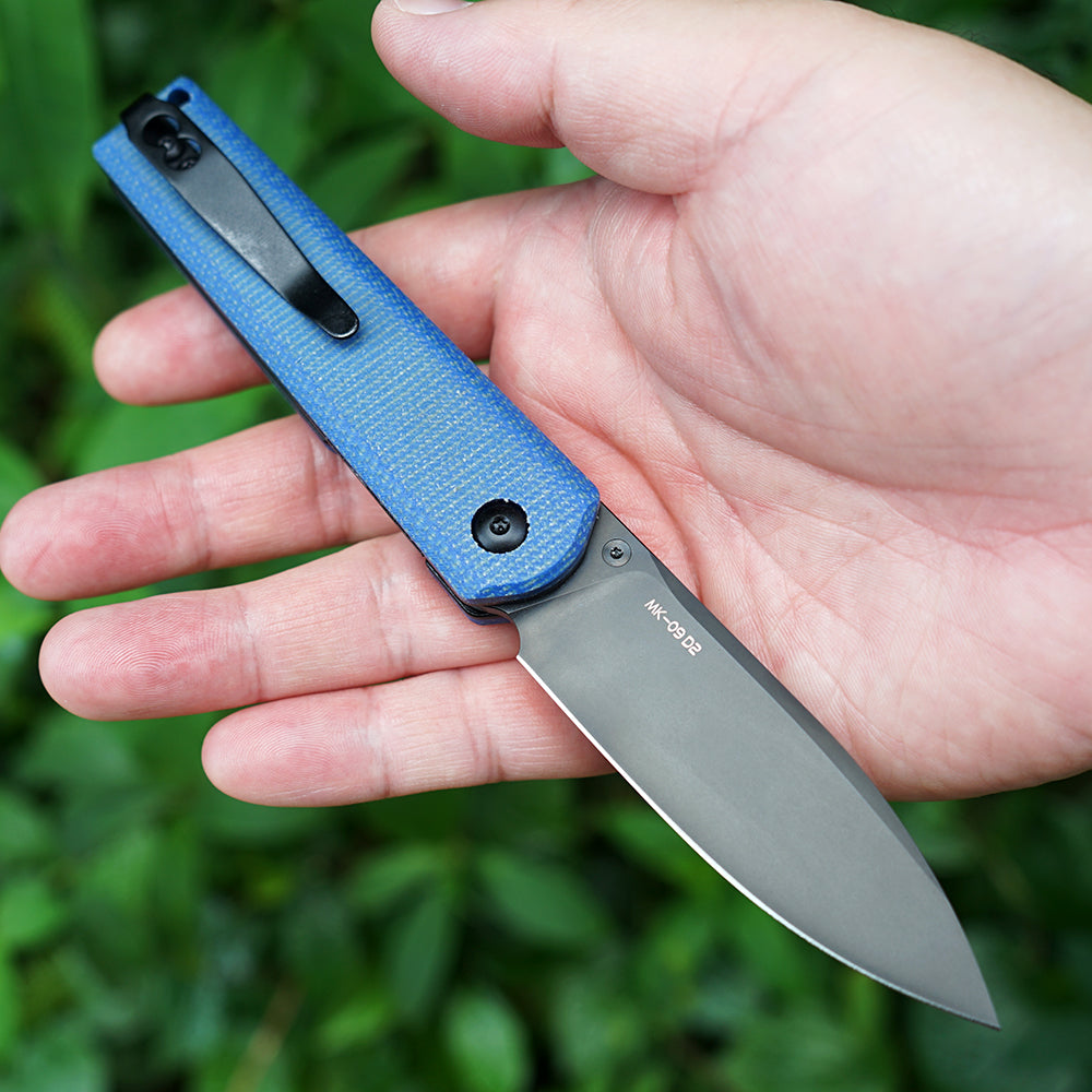 MK-09 D2(JS) Folding Pocket Knife EDC High Hardness Front Flipper DLC Blue Linen