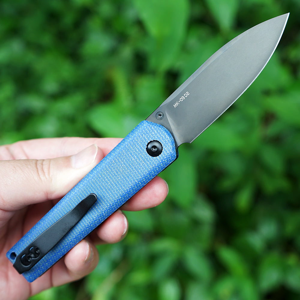 MK-09 D2(JS) Folding Pocket Knife EDC High Hardness Front Flipper DLC Blue Linen