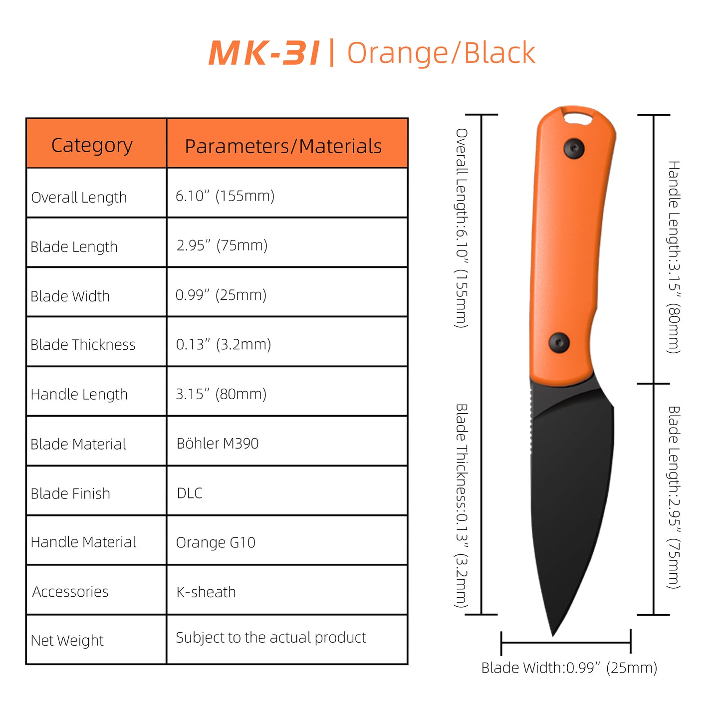 MK-31 Original M390 Fixed Blade Knife - Mini EDC Outdoor Utility Knife (Ships in 2 Months)