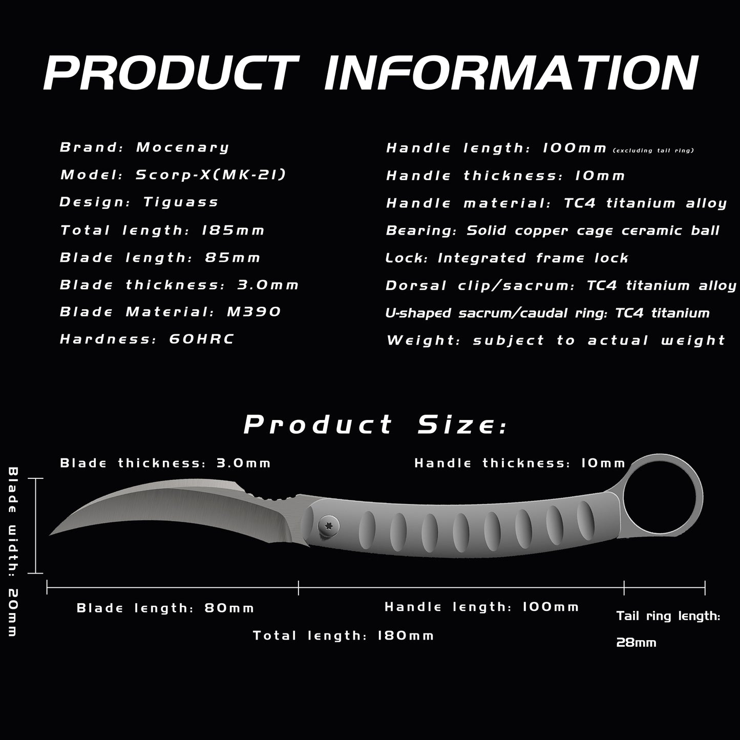 “Scorp-X”(MK-21) Tiguass Design M390 M390 Blade Titanium Alloy Handle With Tail Ring