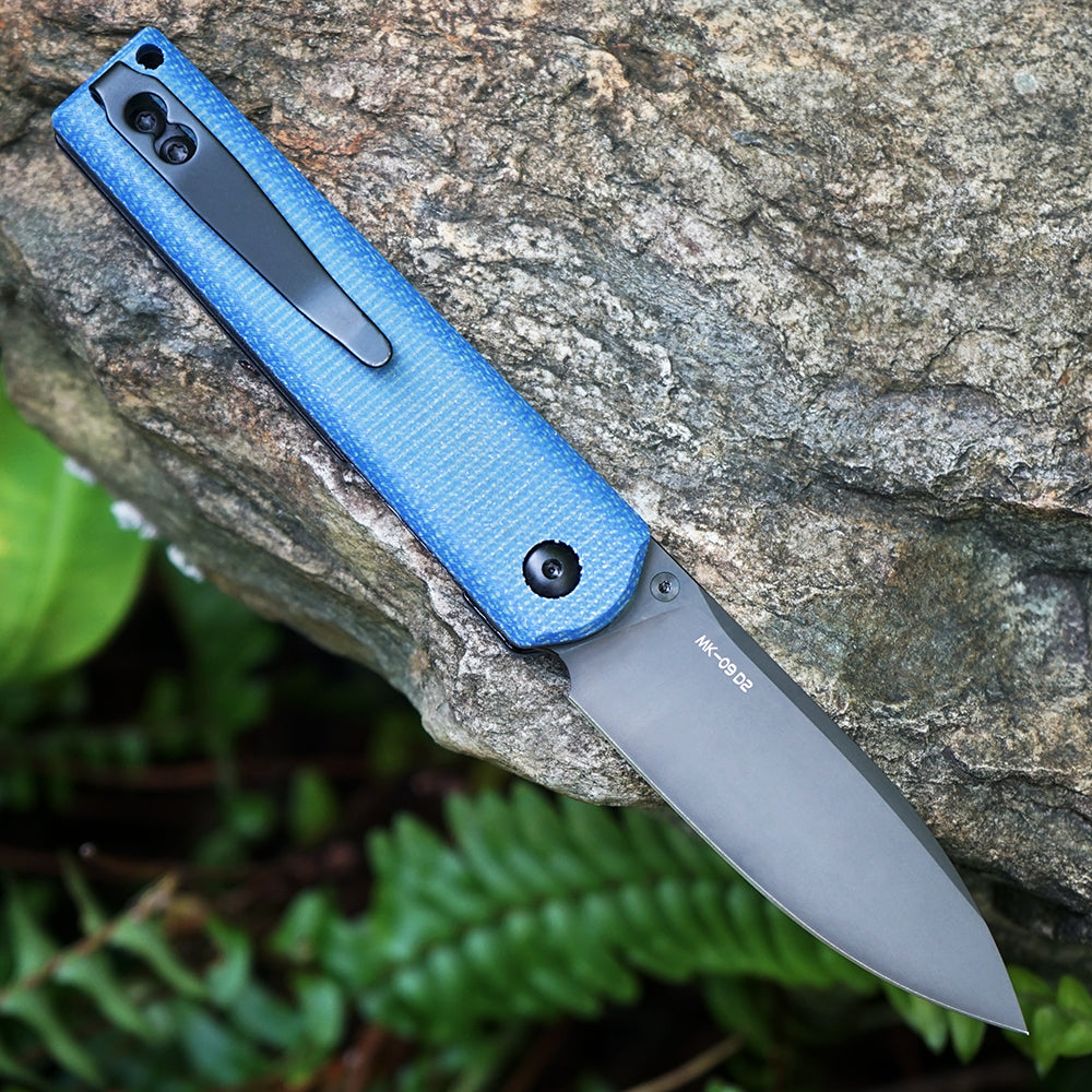MK-09 D2(JS) Folding Pocket Knife EDC High Hardness Front Flipper DLC Blue Linen