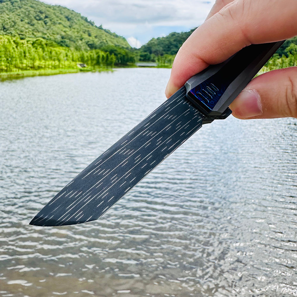MK-15E Nichols Stainless Steel Damascus Galaxy Pattern Blade Half Sided Titanium Alloy+Titanium Damascus Patch Handle (Numbers are only 7 and 8)