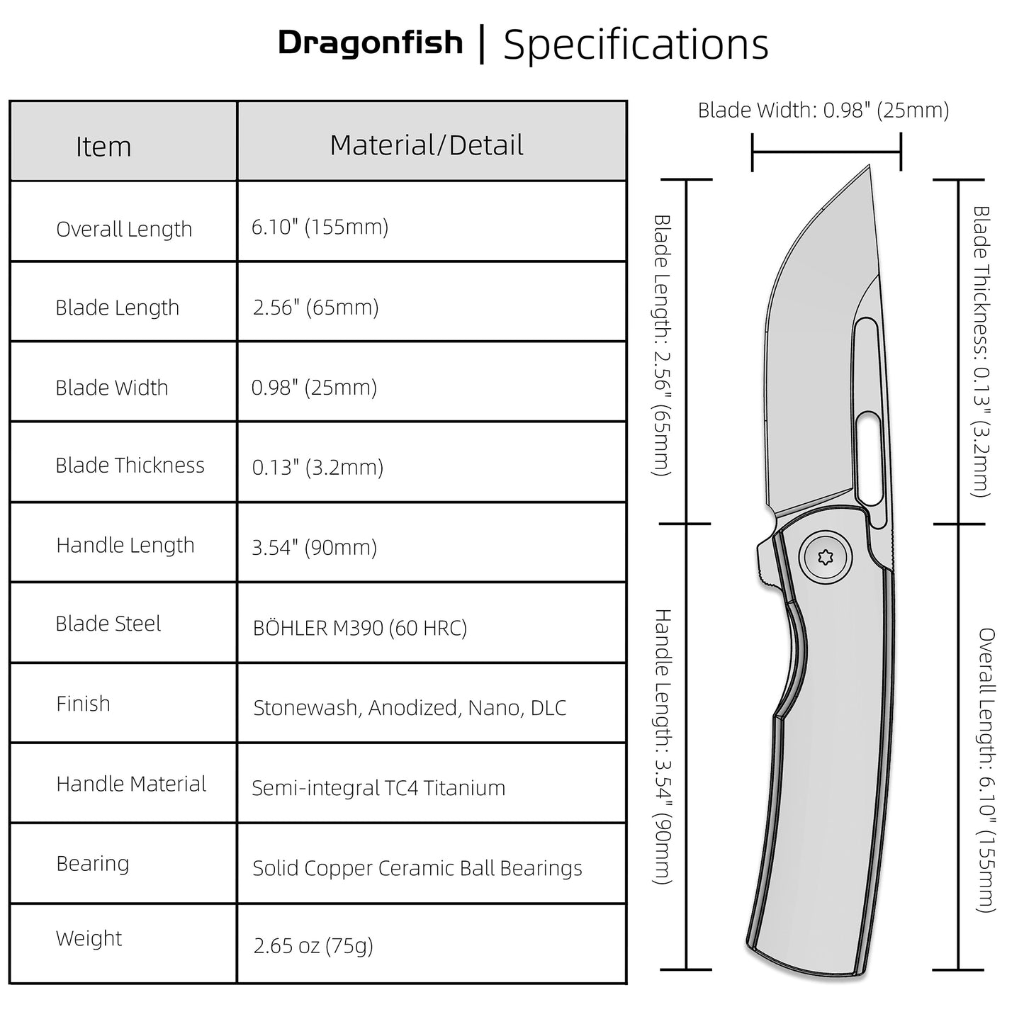 Dragonfish MK-06 Upgraded – Böhler M390 Blade, Semi-Integral Titanium Handle, Multiple Deployment Options, New Nano Coating, Refined Details,Ships in 180 Days