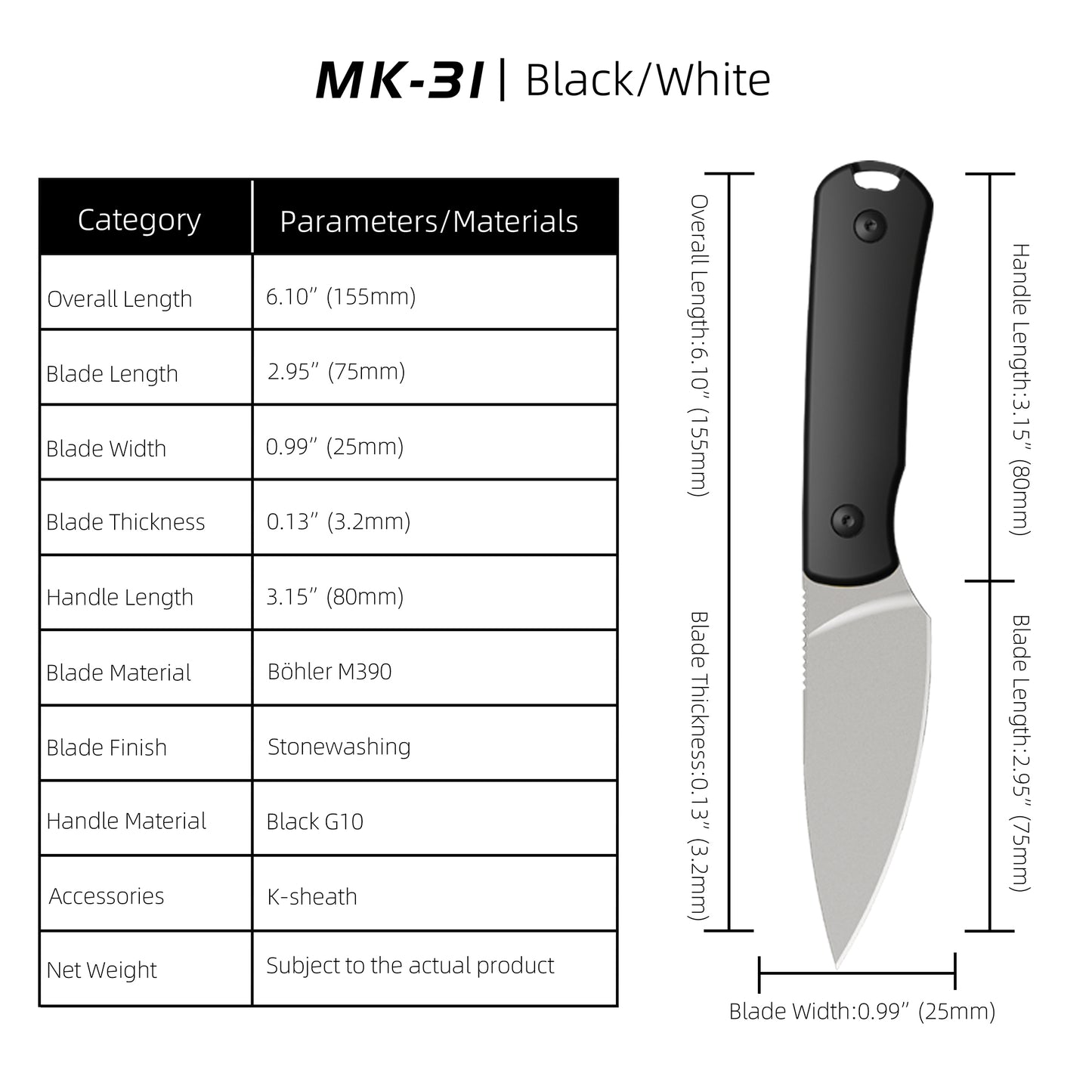 MK-31 Original M390 Fixed Blade Knife - Mini EDC Outdoor Utility Knife (Ships in 2 Months)