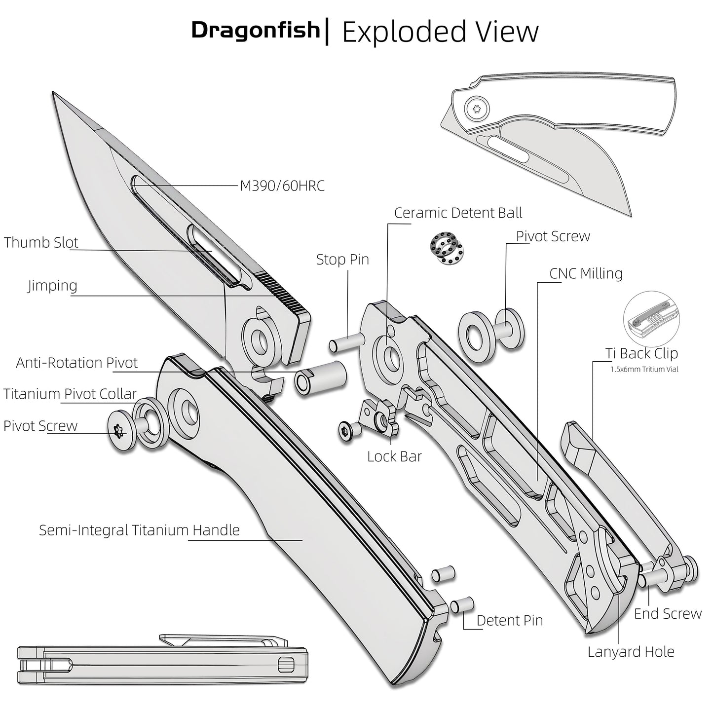 Dragonfish MK-06 Upgraded – Böhler M390 Blade, Semi-Integral Titanium Handle, Multiple Deployment Options, New Nano Coating, Refined Details,Ships in 180 Days