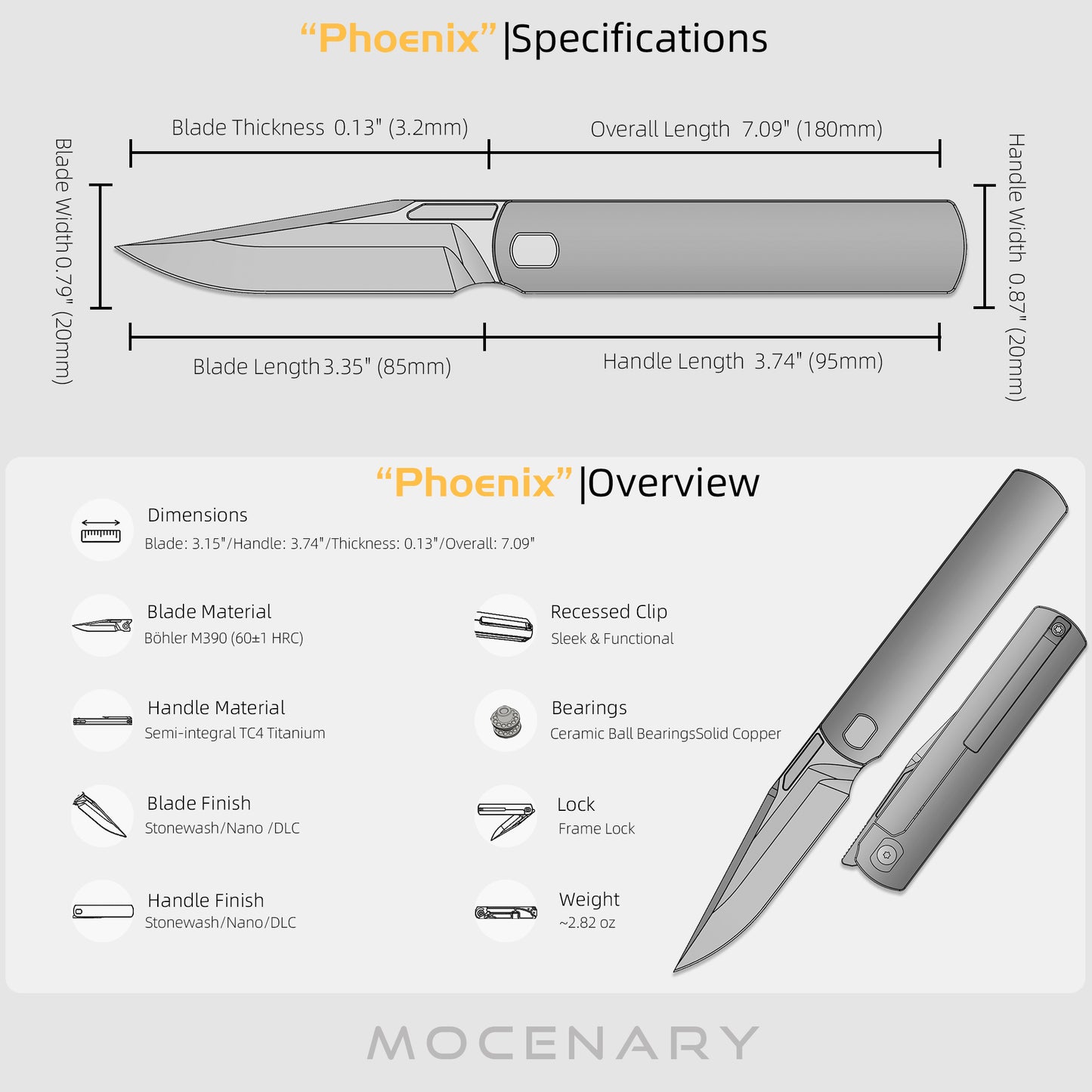 "Phoenix" (MK-27): M390 Step Grind, Semi-Integral Ti, Front Flipper, Tiguass Design | Ships in 6 Months