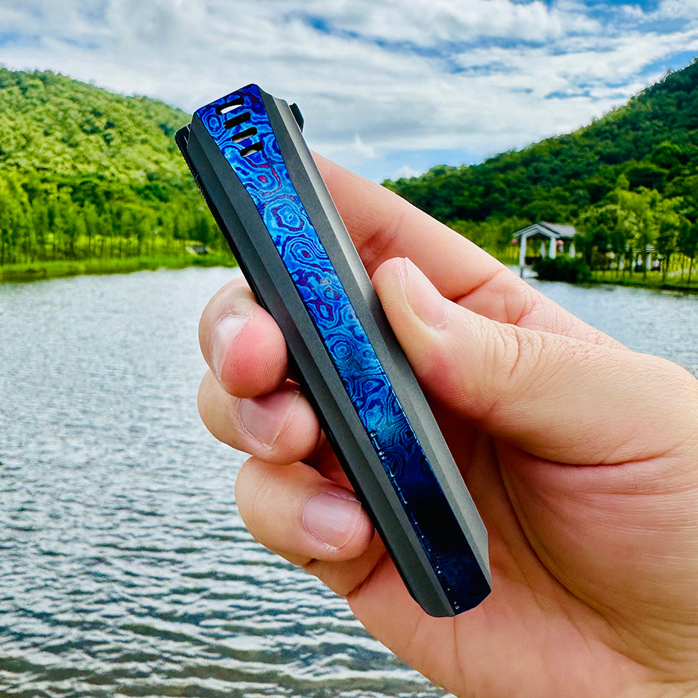 MK-15E Nichols Stainless Steel Damascus Galaxy Pattern Blade Half Sided Titanium Alloy+Titanium Damascus Patch Handle (Numbers are only 7 and 8)