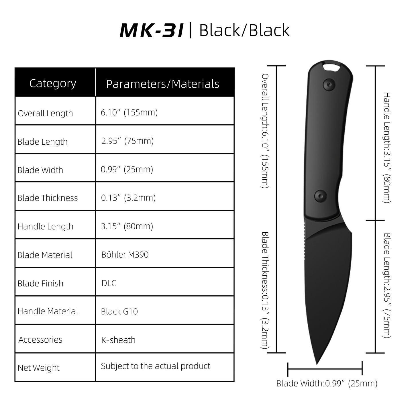 MK-31 Original M390 Fixed Blade Knife - Mini EDC Outdoor Utility Knife (Ships in 2 Months)