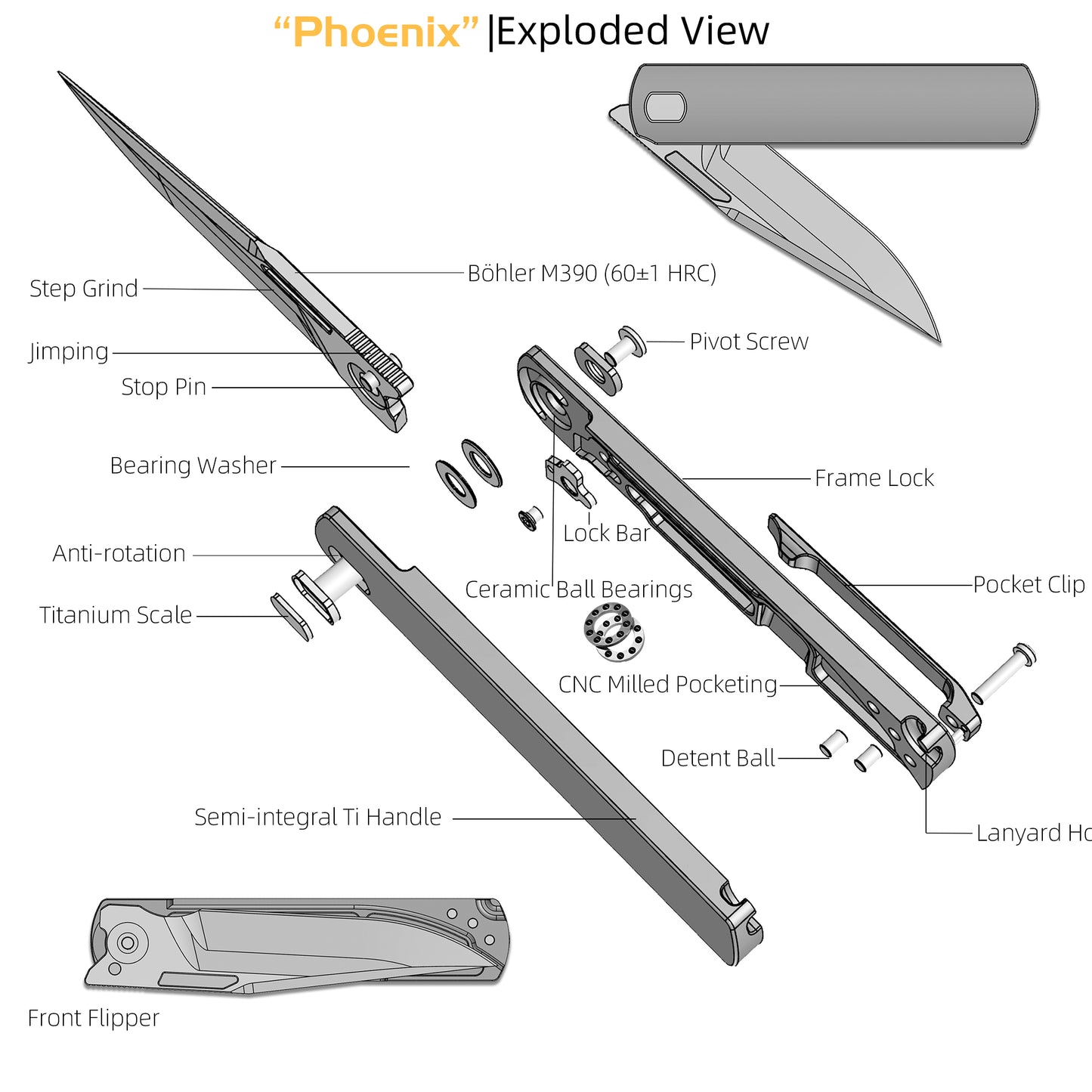 "Phoenix" (MK-27): M390 Step Grind, Semi-Integral Ti, Front Flipper, Tiguass Design | Ships in 6 Months