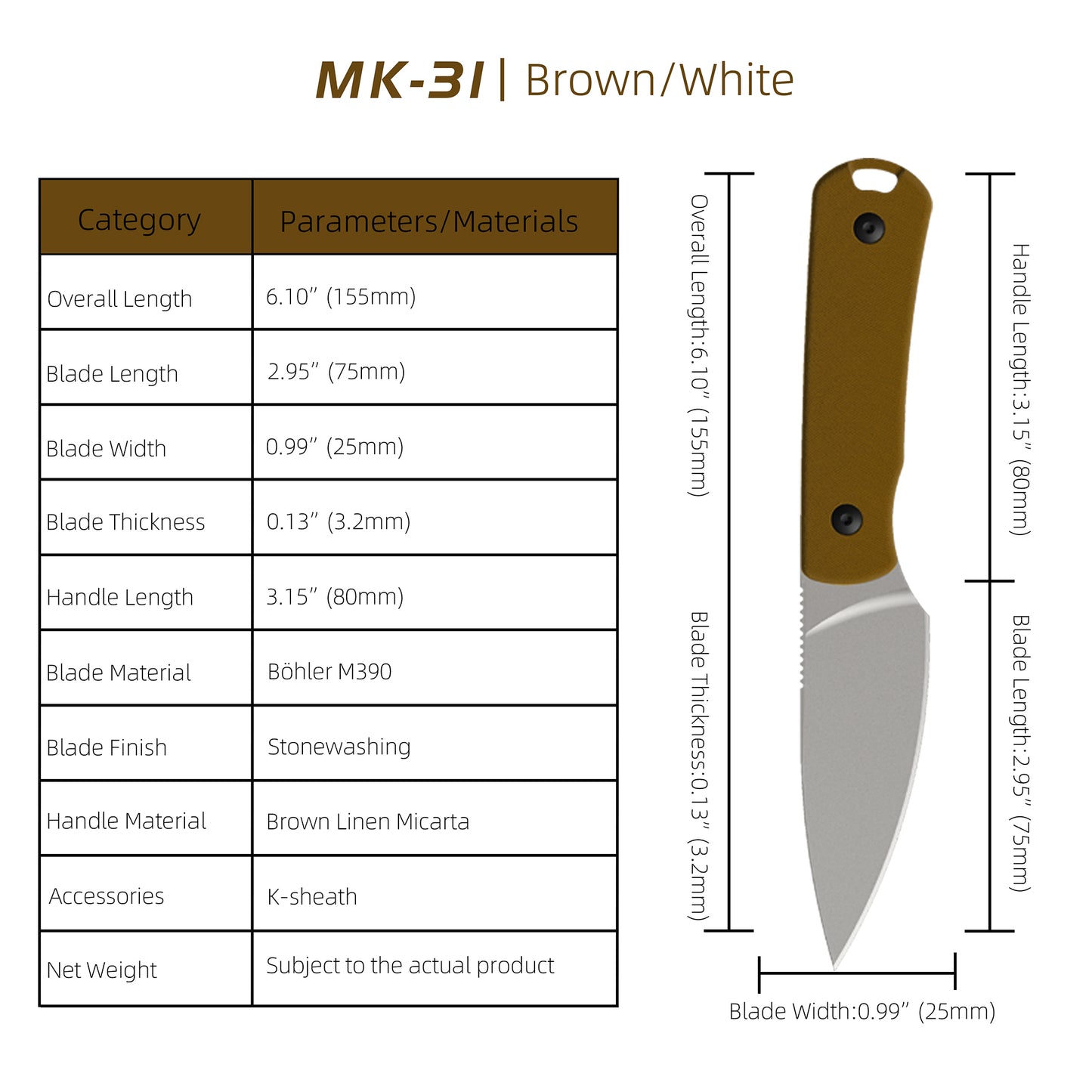 MK-31 Original M390 Fixed Blade Knife - Mini EDC Outdoor Utility Knife (Ships in 2 Months)