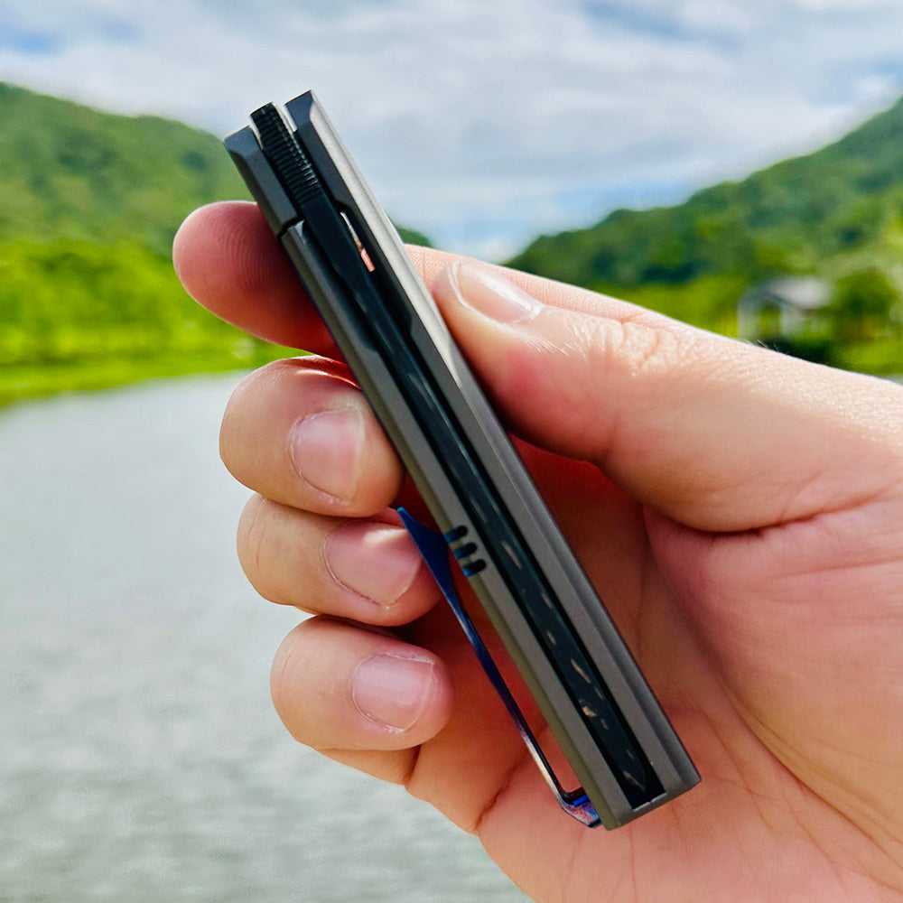 MK-15E Nichols Stainless Steel Damascus Galaxy Pattern Blade Half Sided Titanium Alloy+Titanium Damascus Patch Handle (Numbers are only 7 and 8)