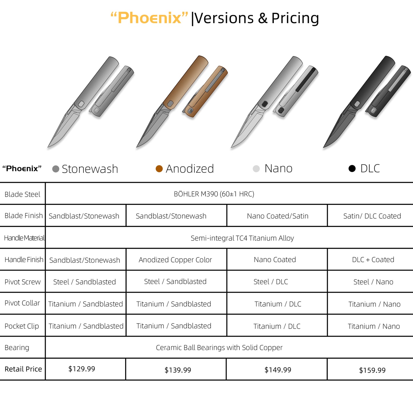 "Phoenix" (MK-27): M390 Step Grind, Semi-Integral Ti, Front Flipper, Tiguass Design | Ships in 6 Months