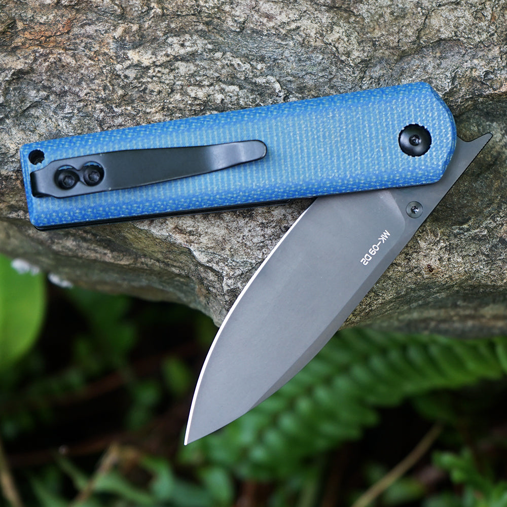 MK-09 D2(JS) Folding Pocket Knife EDC High Hardness Front Flipper DLC Blue Linen