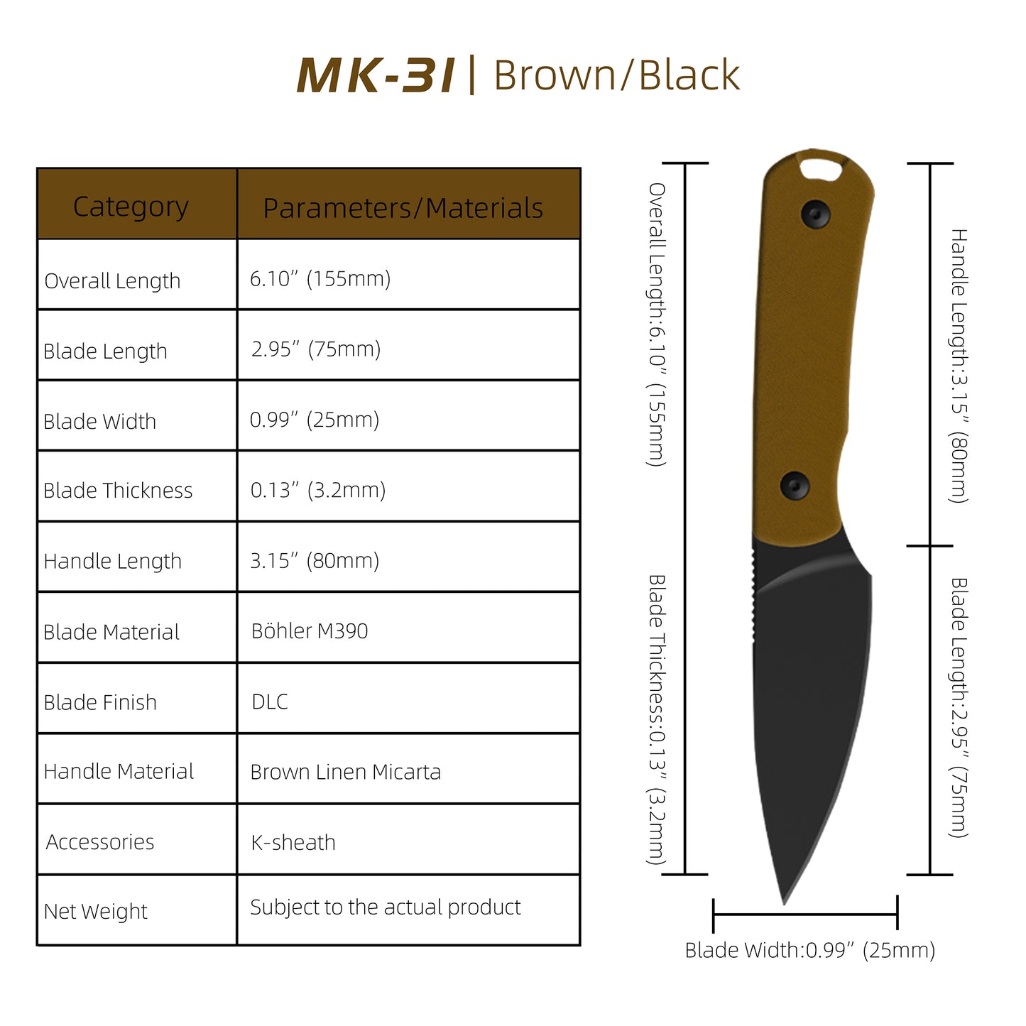 MK-31 Original M390 Fixed Blade Knife - Mini EDC Outdoor Utility Knife (Ships in 2 Months)