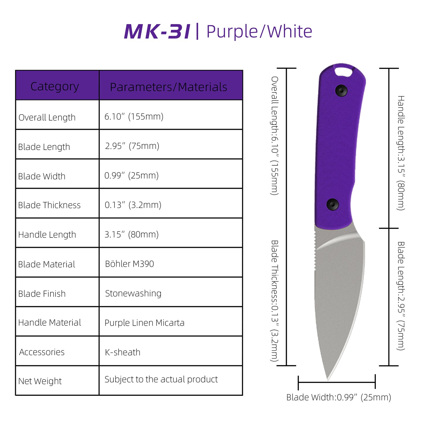 MK-31 Original M390 Fixed Blade Knife - Mini EDC Outdoor Utility Knife (Ships in 2 Months)