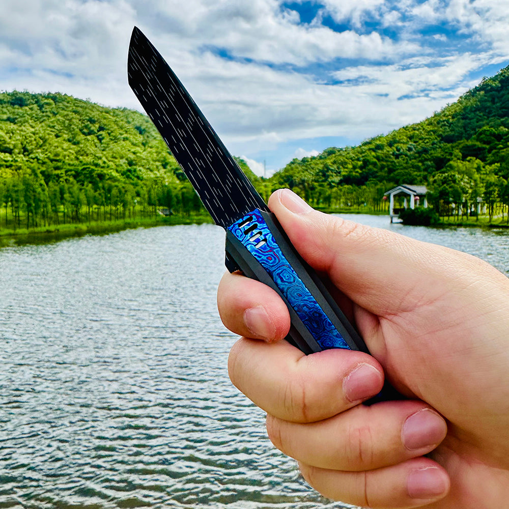 MK-15E Nichols Stainless Steel Damascus Galaxy Pattern Blade Half Sided Titanium Alloy+Titanium Damascus Patch Handle (Numbers are only 7 and 8)