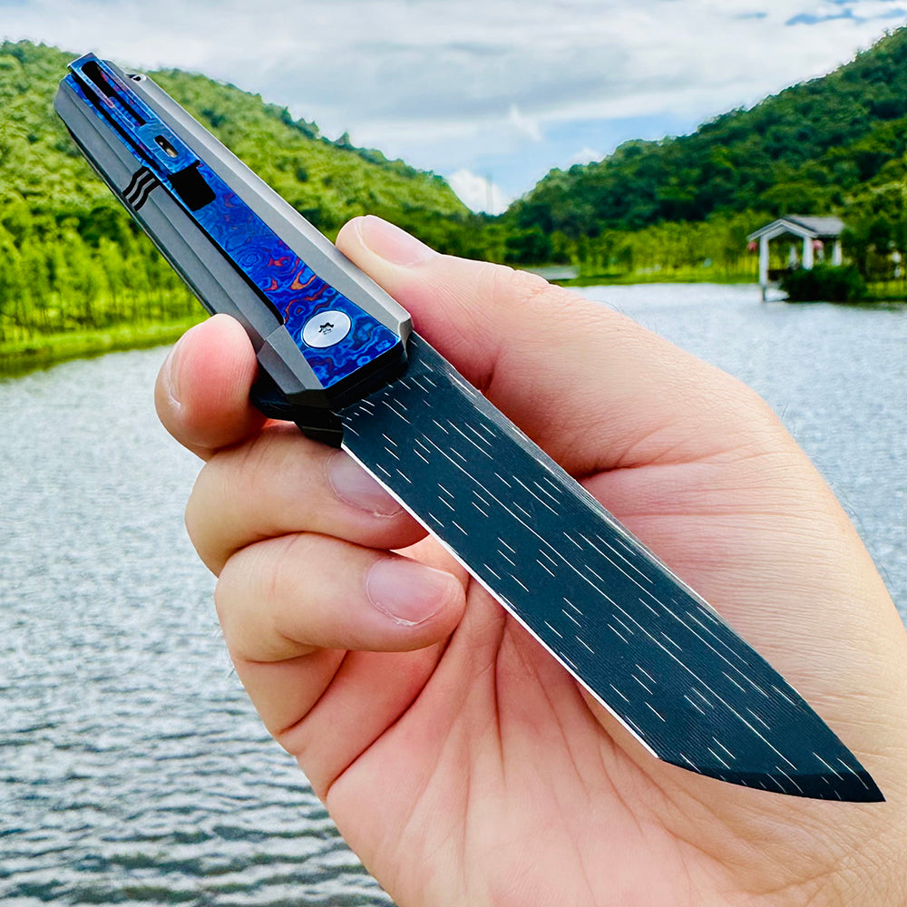 MK-15E Nichols Stainless Steel Damascus Galaxy Pattern Blade Half Sided Titanium Alloy+Titanium Damascus Patch Handle (Numbers are only 7 and 8)