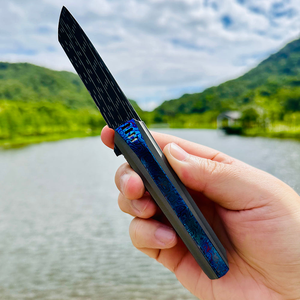 MK-15E Nichols Stainless Steel Damascus Galaxy Pattern Blade Half Sided Titanium Alloy+Titanium Damascus Patch Handle (Numbers are only 7 and 8)