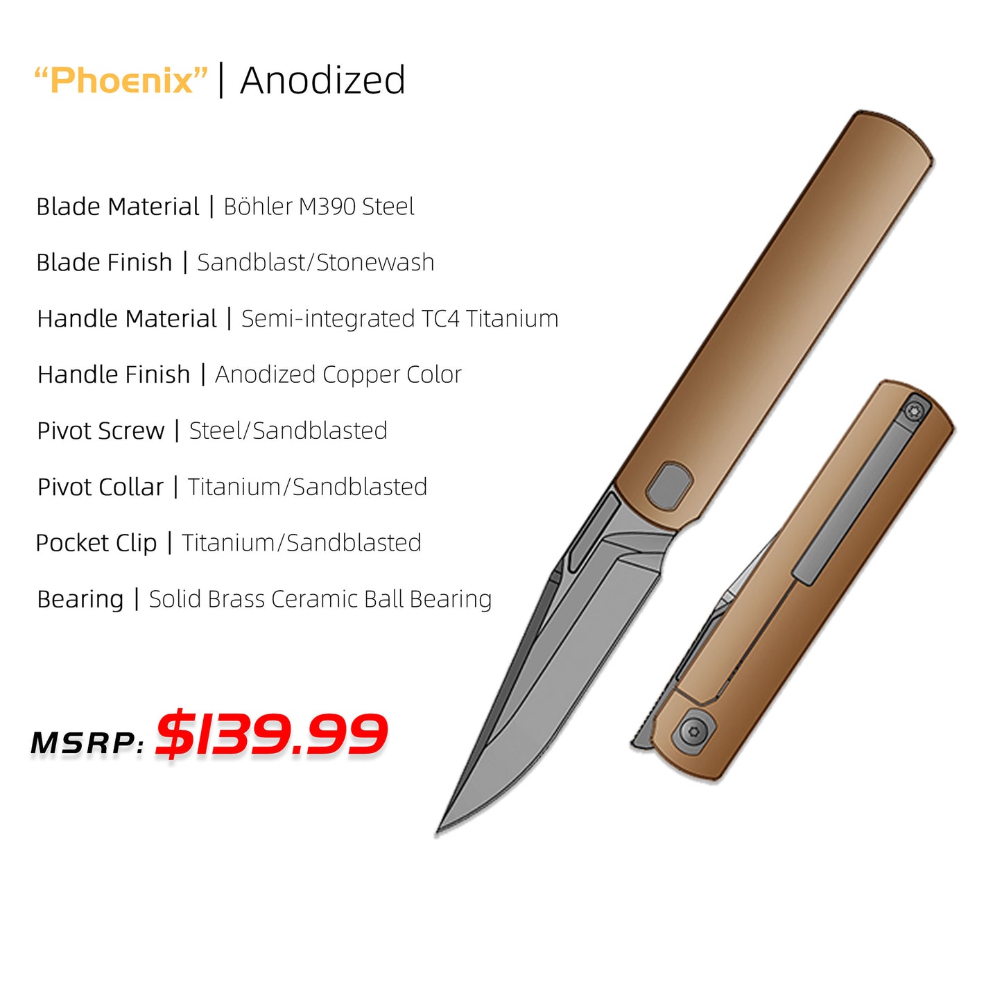 "Phoenix" (MK-27): M390 Step Grind, Semi-Integral Ti, Front Flipper, Tiguass Design | Ships in 6 Months