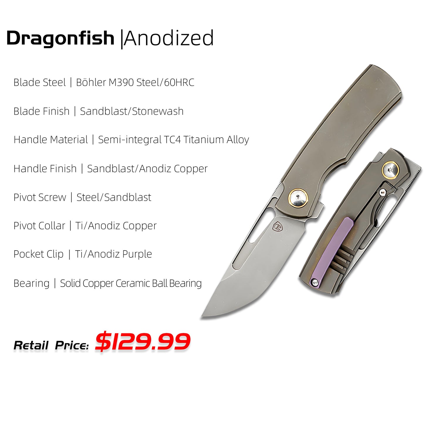 Dragonfish MK-06 Upgraded – Böhler M390 Blade, Semi-Integral Titanium Handle, Multiple Deployment Options, New Nano Coating, Refined Details,Ships in 180 Days