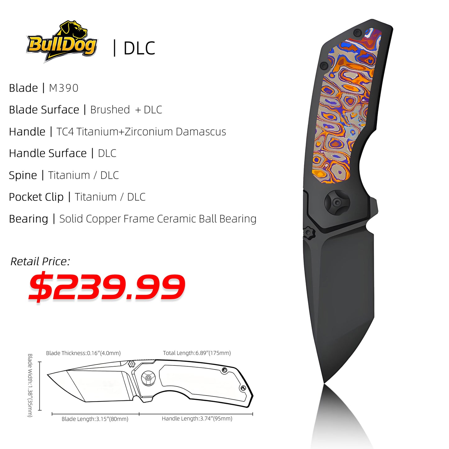 Bulldog| Rok Smerke Design M390 Steel Folding EDC Knife Multiple Opening Methods Interchangeable Inlays MK-26(Ships in 2 Months)