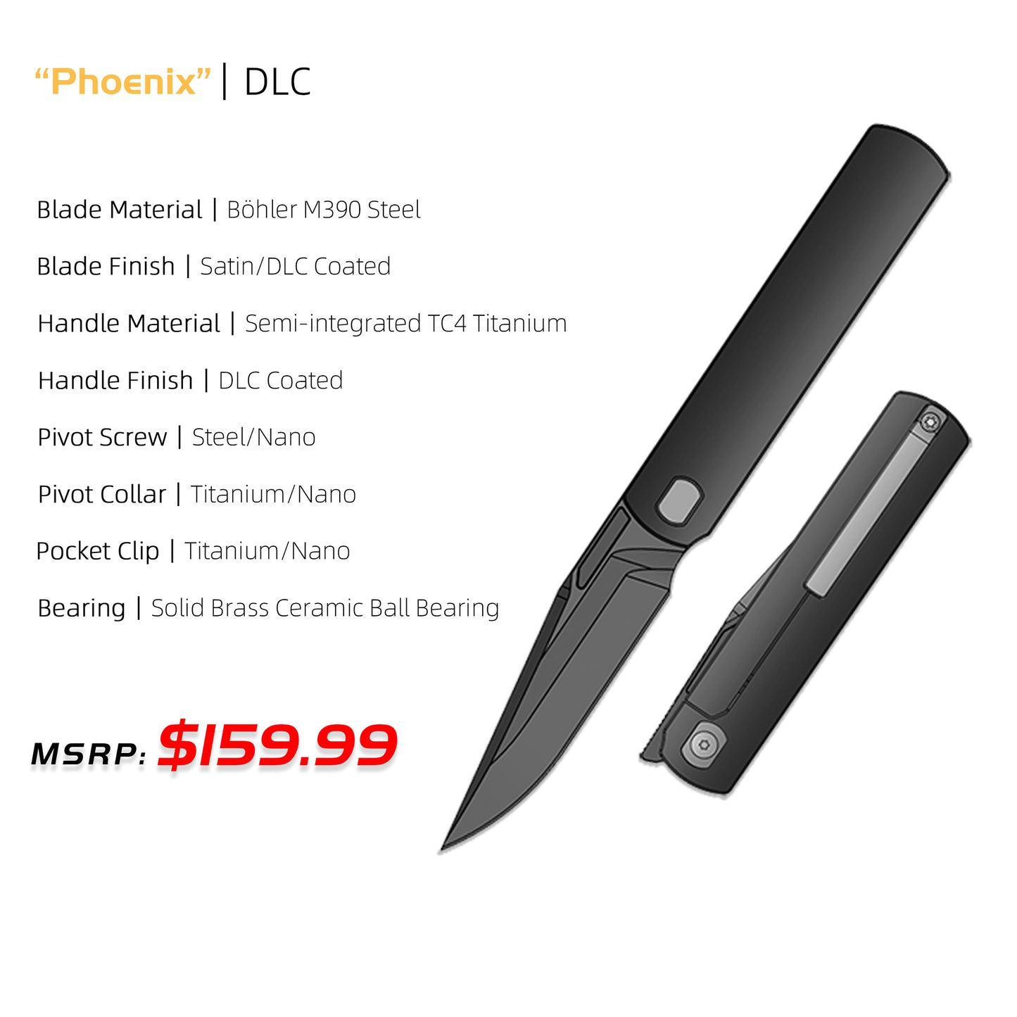 "Phoenix" (MK-27): M390 Step Grind, Semi-Integral Ti, Front Flipper, Tiguass Design | Ships in 6 Months