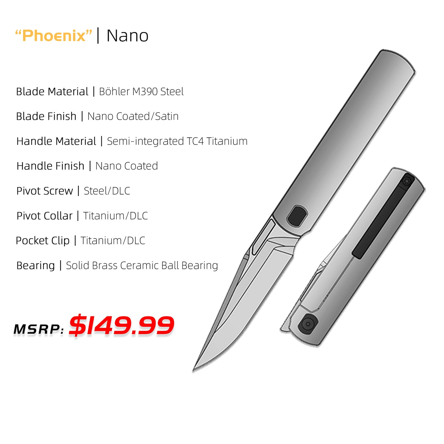 "Phoenix" (MK-27): M390 Step Grind, Semi-Integral Ti, Front Flipper, Tiguass Design | Ships in 6 Months