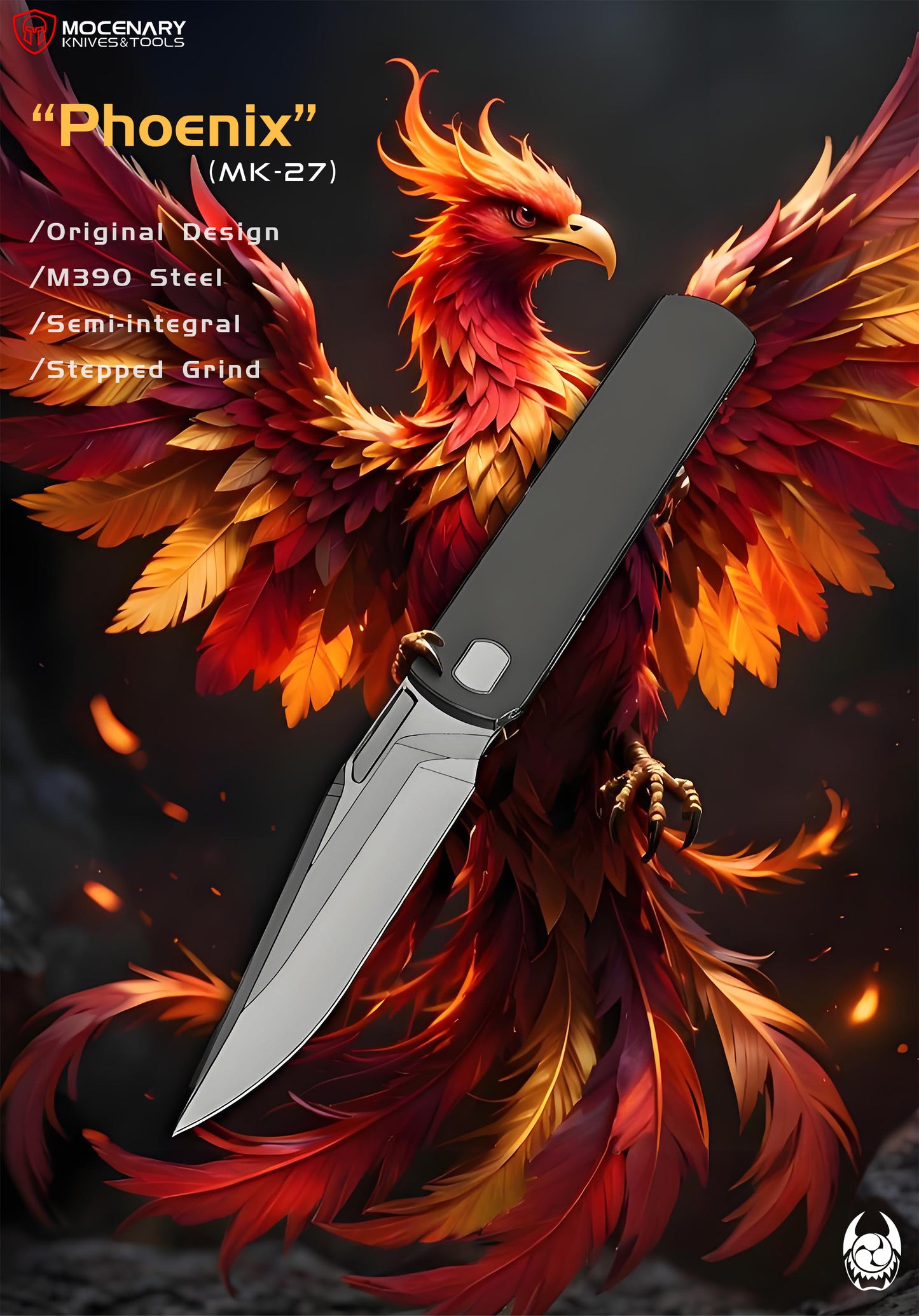 "Phoenix" (MK-27): M390 Step Grind, Semi-Integral Ti, Front Flipper, Tiguass Design | Ships in 6 Months
