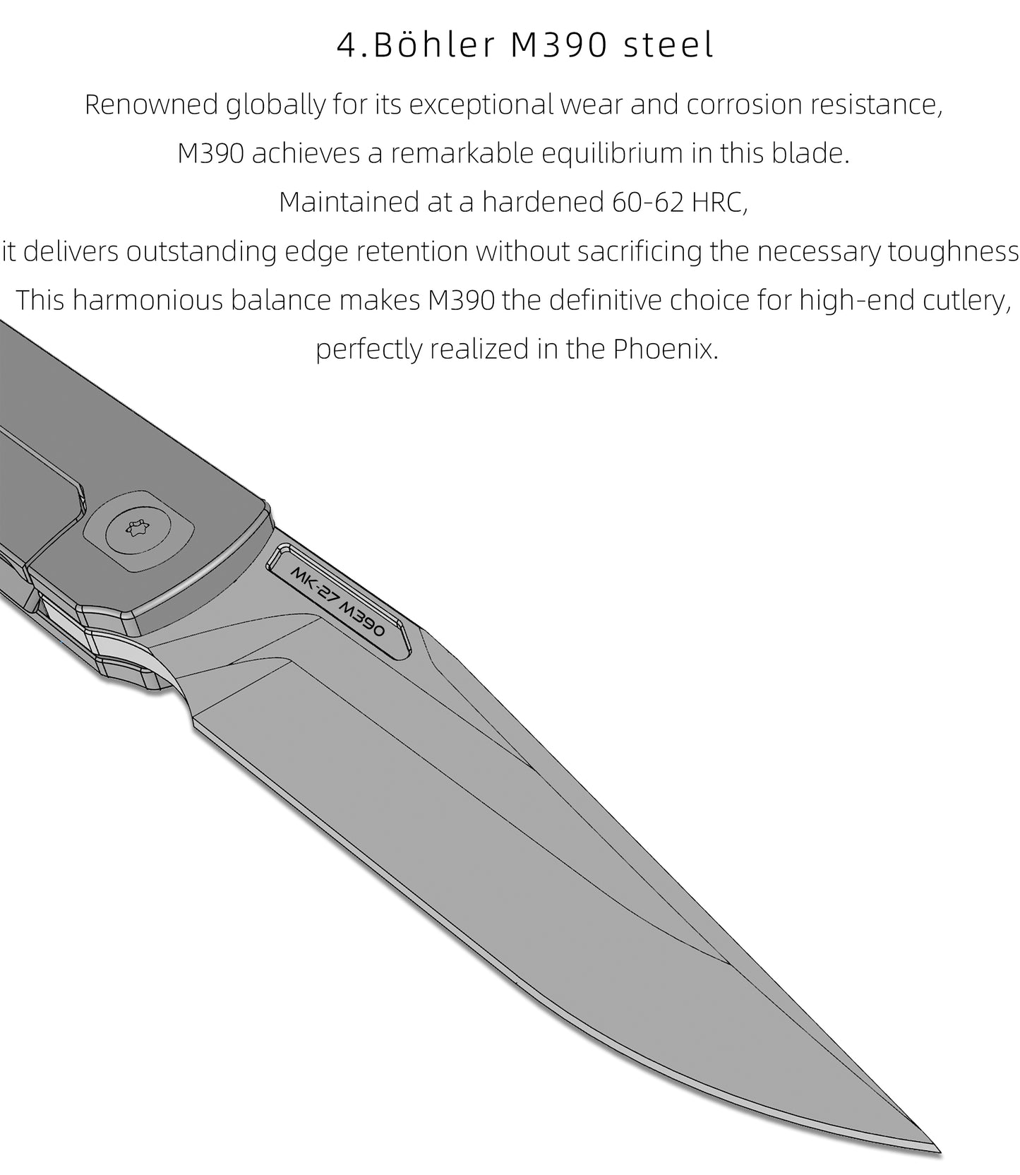 "Phoenix" (MK-27): M390 Step Grind, Semi-Integral Ti, Front Flipper, Tiguass Design | Ships in 6 Months
