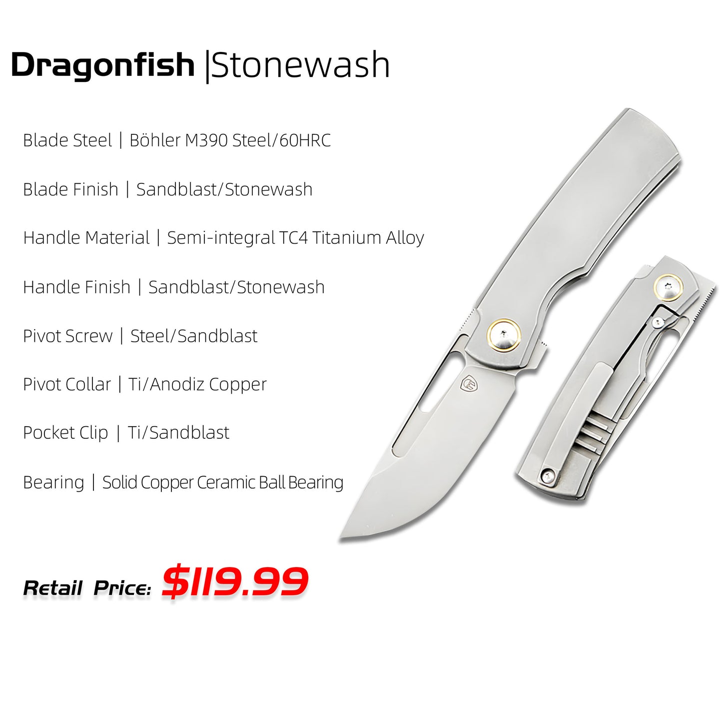 Dragonfish MK-06 Upgraded – Böhler M390 Blade, Semi-Integral Titanium Handle, Multiple Deployment Options, New Nano Coating, Refined Details,Ships in 180 Days