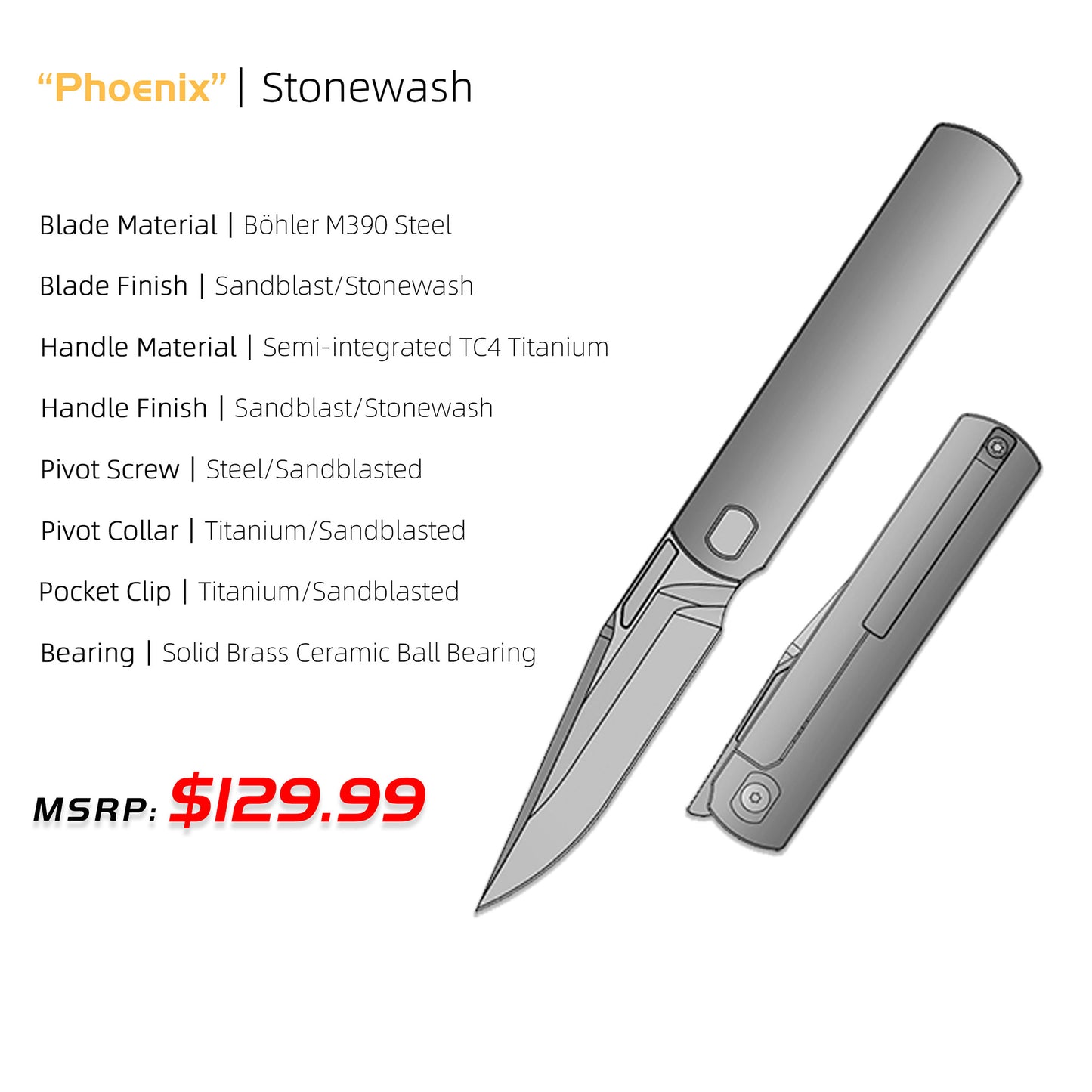 "Phoenix" (MK-27): M390 Step Grind, Semi-Integral Ti, Front Flipper, Tiguass Design | Ships in 6 Months